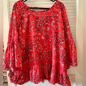 Women’s plus size New Directions Red coral Blouse. Modern prairie look.  1X.